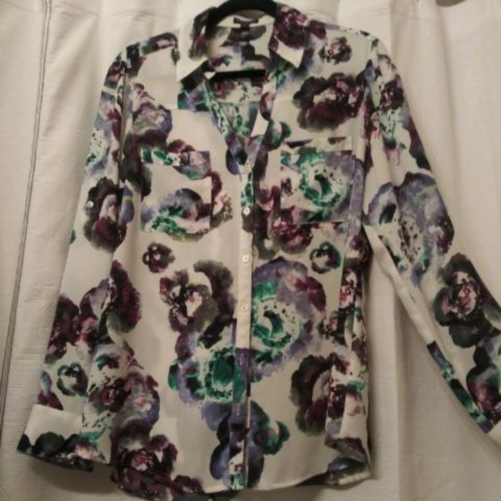EXPRESS BUTTON DOWN BLOUSE - WATERCOLOR FLORAL LG